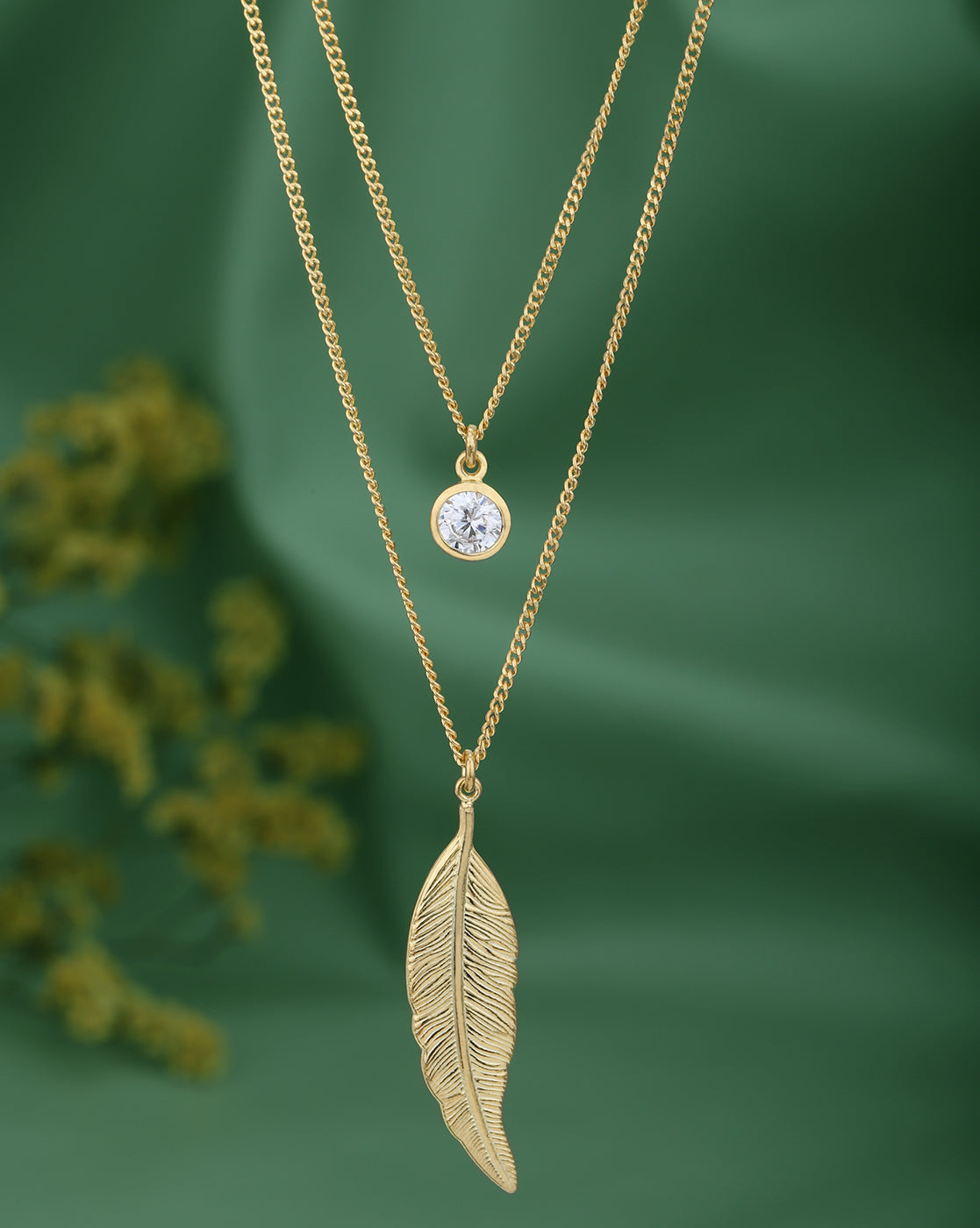 18kt Gold Plated CZ and Leaf Double Chain Necklace
