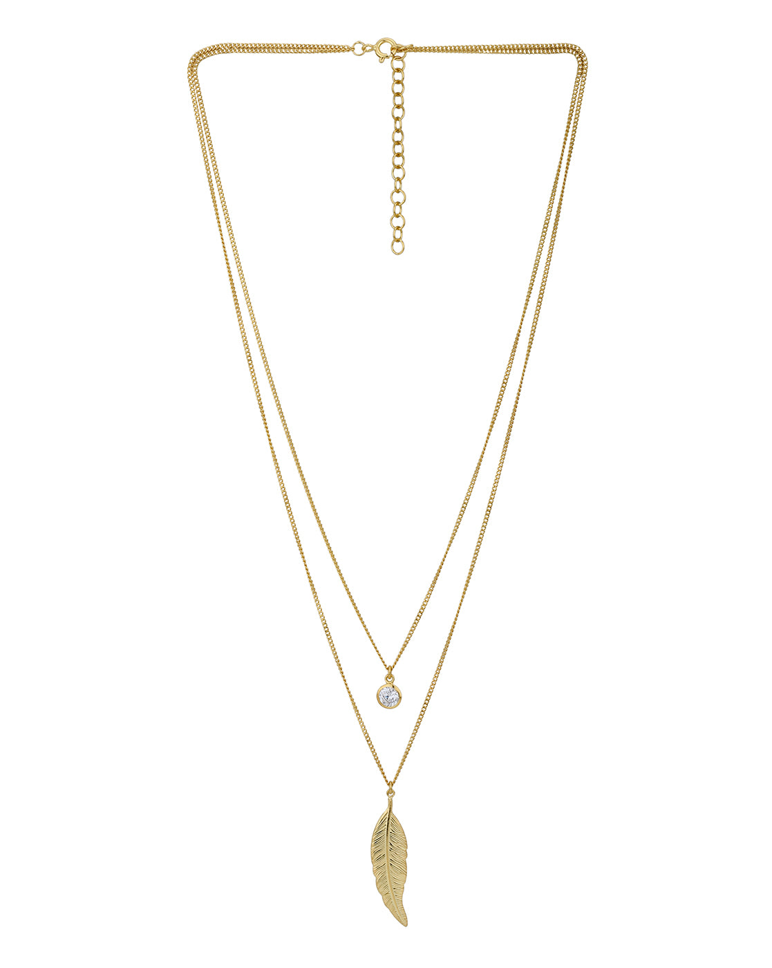 18kt Gold Plated CZ and Leaf Double Chain Necklace