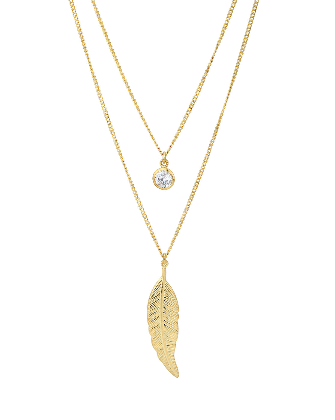 18kt Gold Plated CZ and Leaf Double Chain Necklace