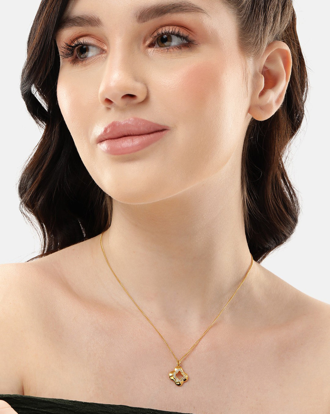 18kt Gold Plated CZ Four-Clover Pendant and Chain