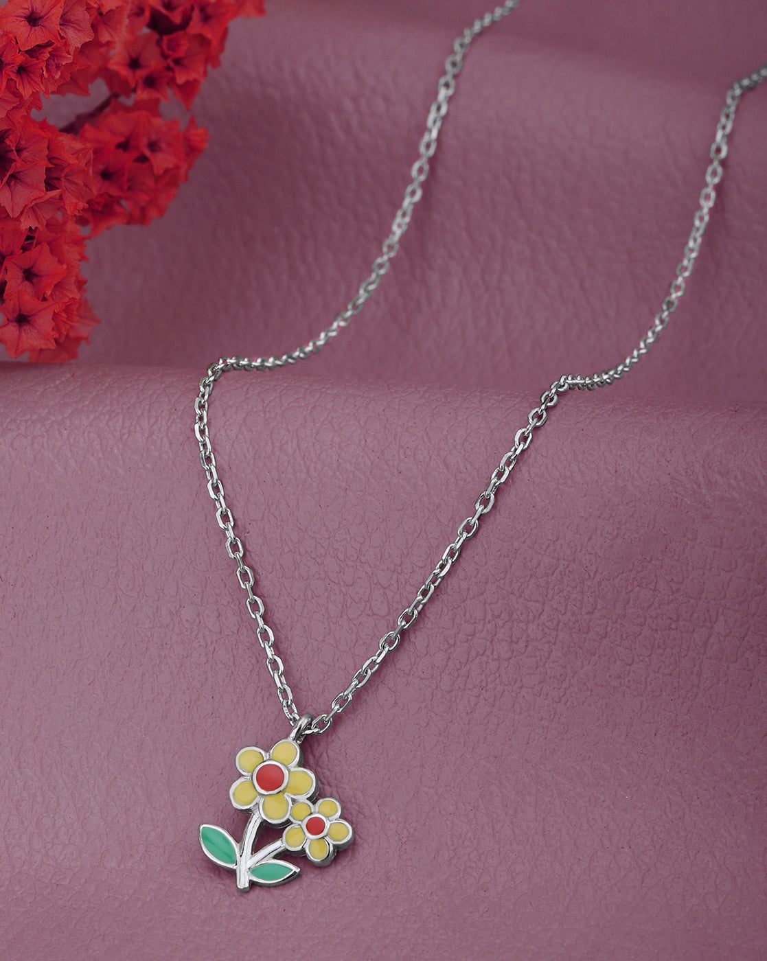 Rhodium Plated Floral Enamel Pendant and Chain