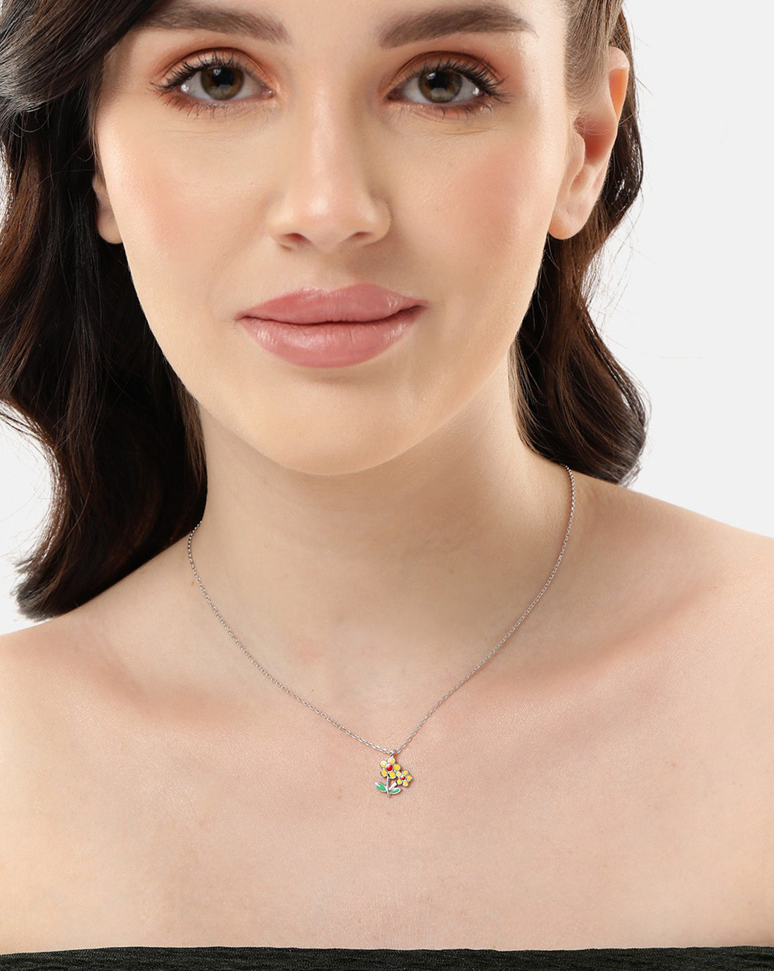 Rhodium Plated Floral Enamel Pendant and Chain