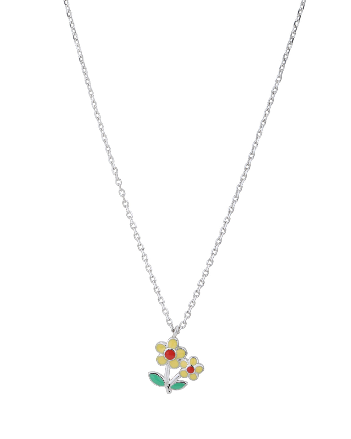 Rhodium Plated Floral Enamel Pendant and Chain
