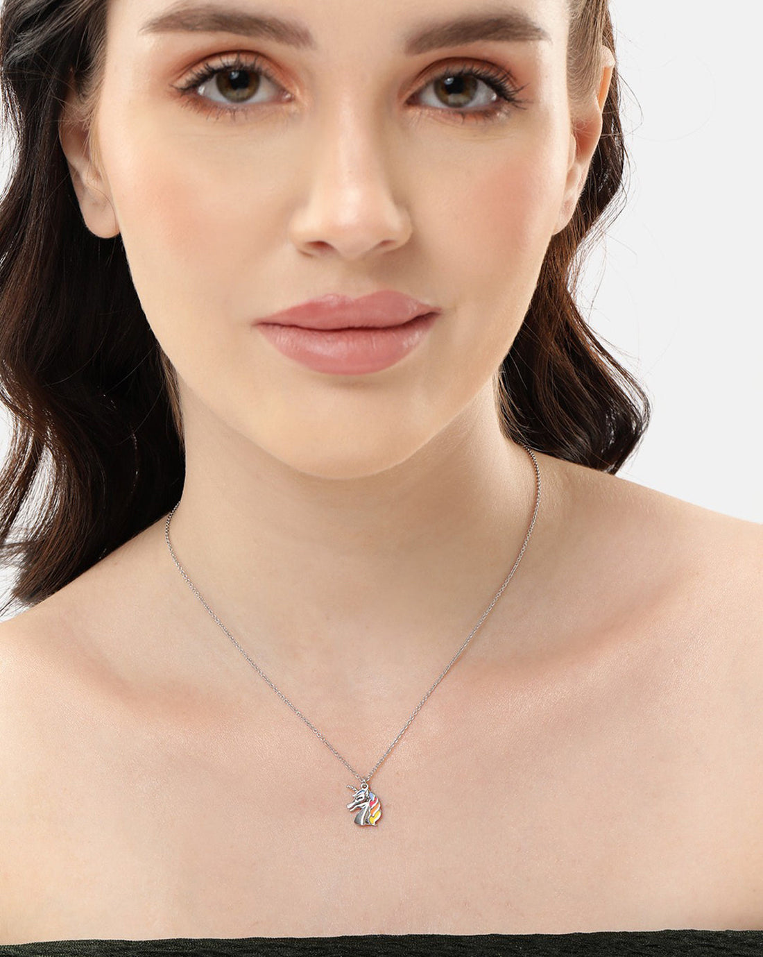 Rhodium Plated Rainbow Enamel Unicorn Head Pendant and Chain