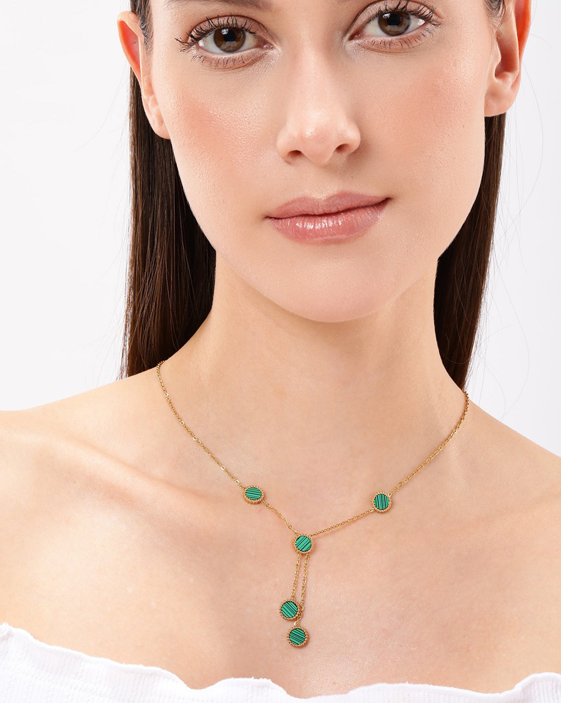 18kt Gold Plated Stainless Steel Green Malachite Lariat Necklace