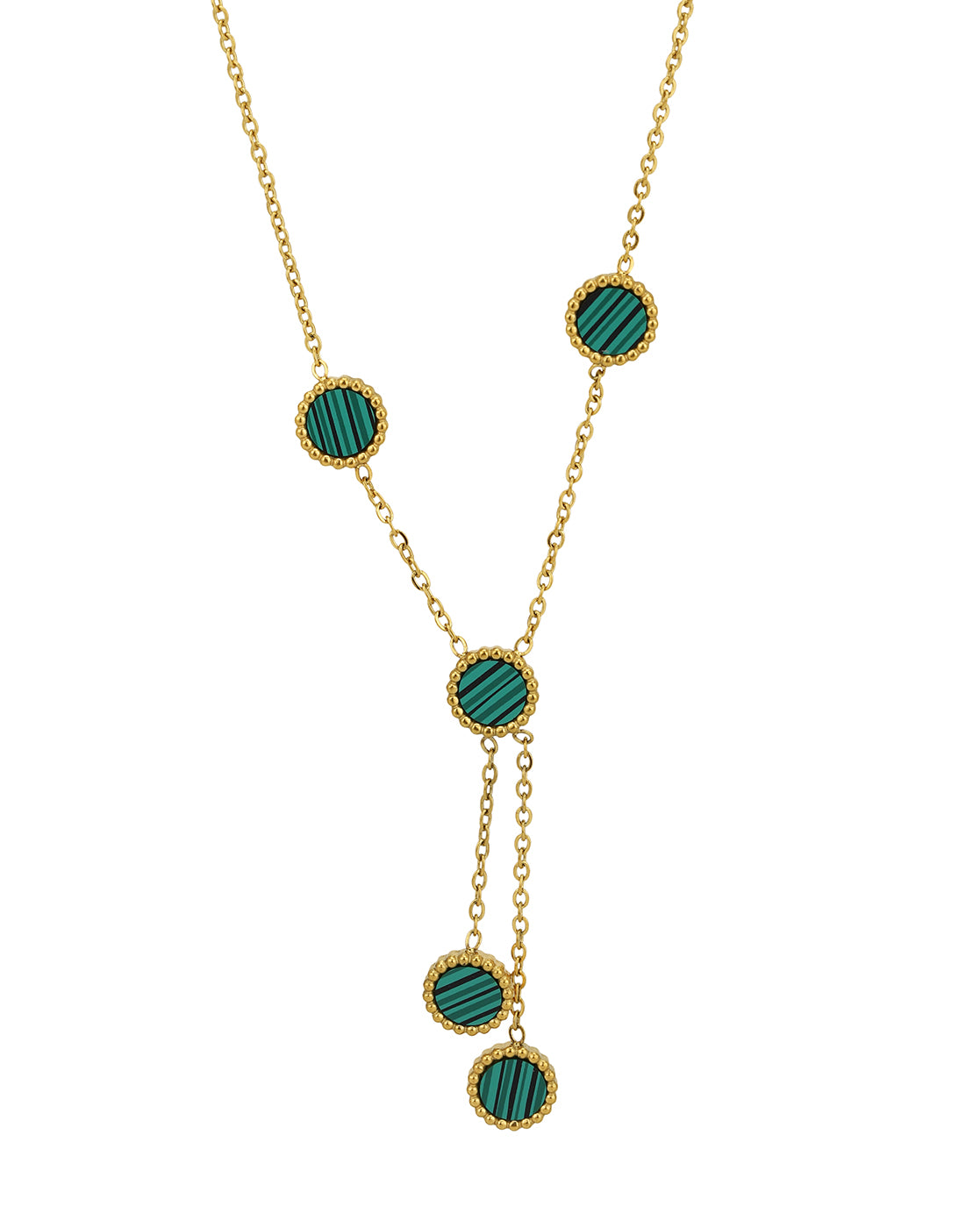18kt Gold Plated Stainless Steel Green Malachite Lariat Necklace