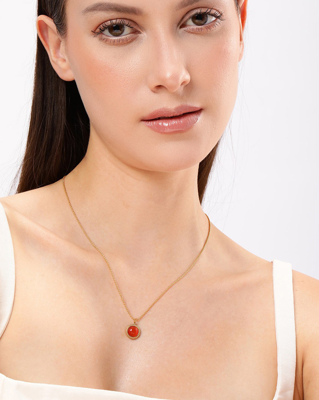 18kt Gold Plated Stainless Steel Carnelian Pendant and Chain