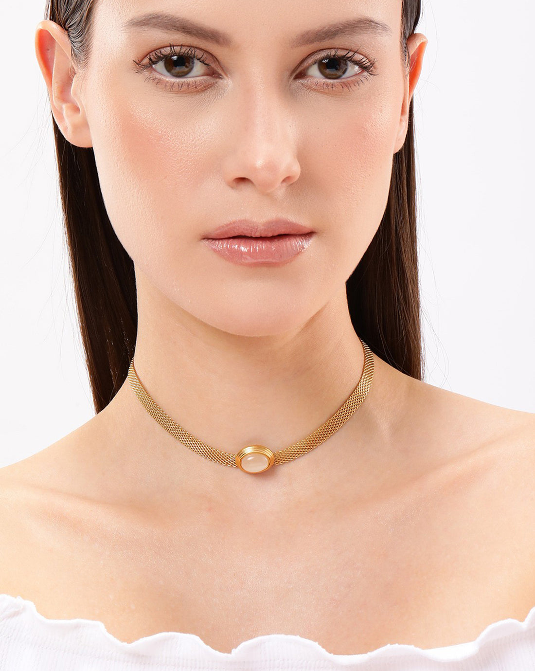 18kt Gold Plated Stainless Steel White Cat Eye Fancy Chain Necklace