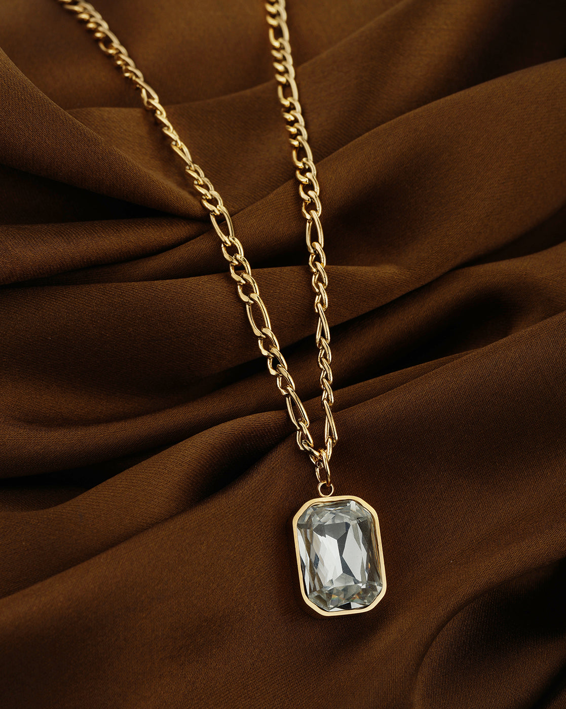 18kt Gold Plated Stainless Steel Square Crystal Pendant and Chain