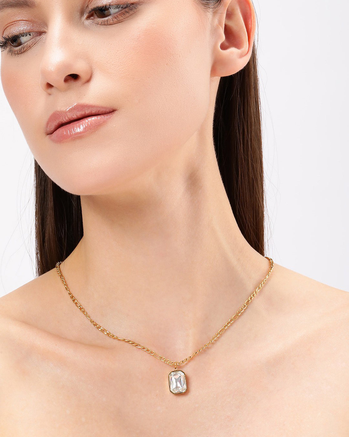 18kt Gold Plated Stainless Steel Square Crystal Pendant and Chain