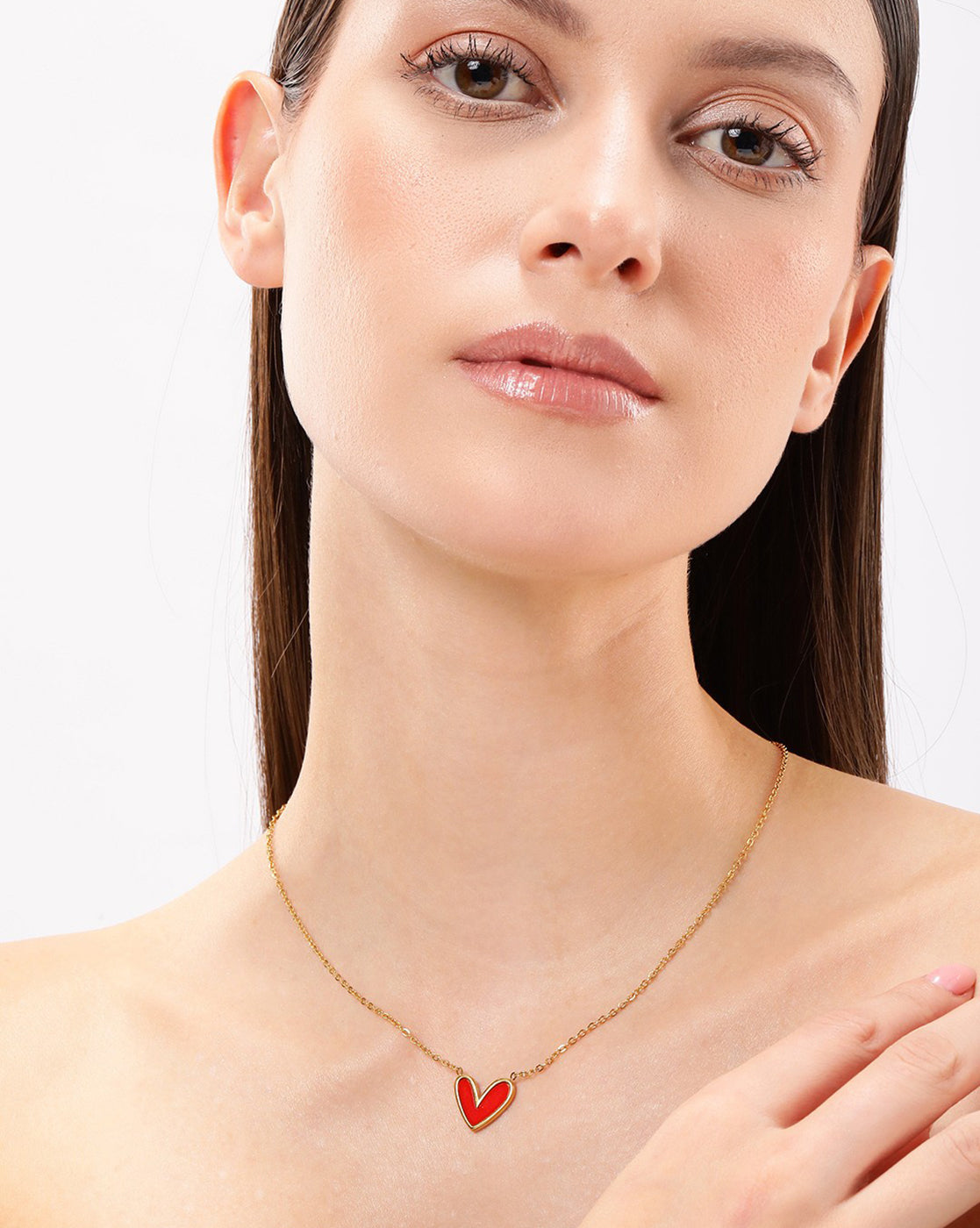 18kt Gold Plated Stainless Steel Red Enamel Heart Necklace