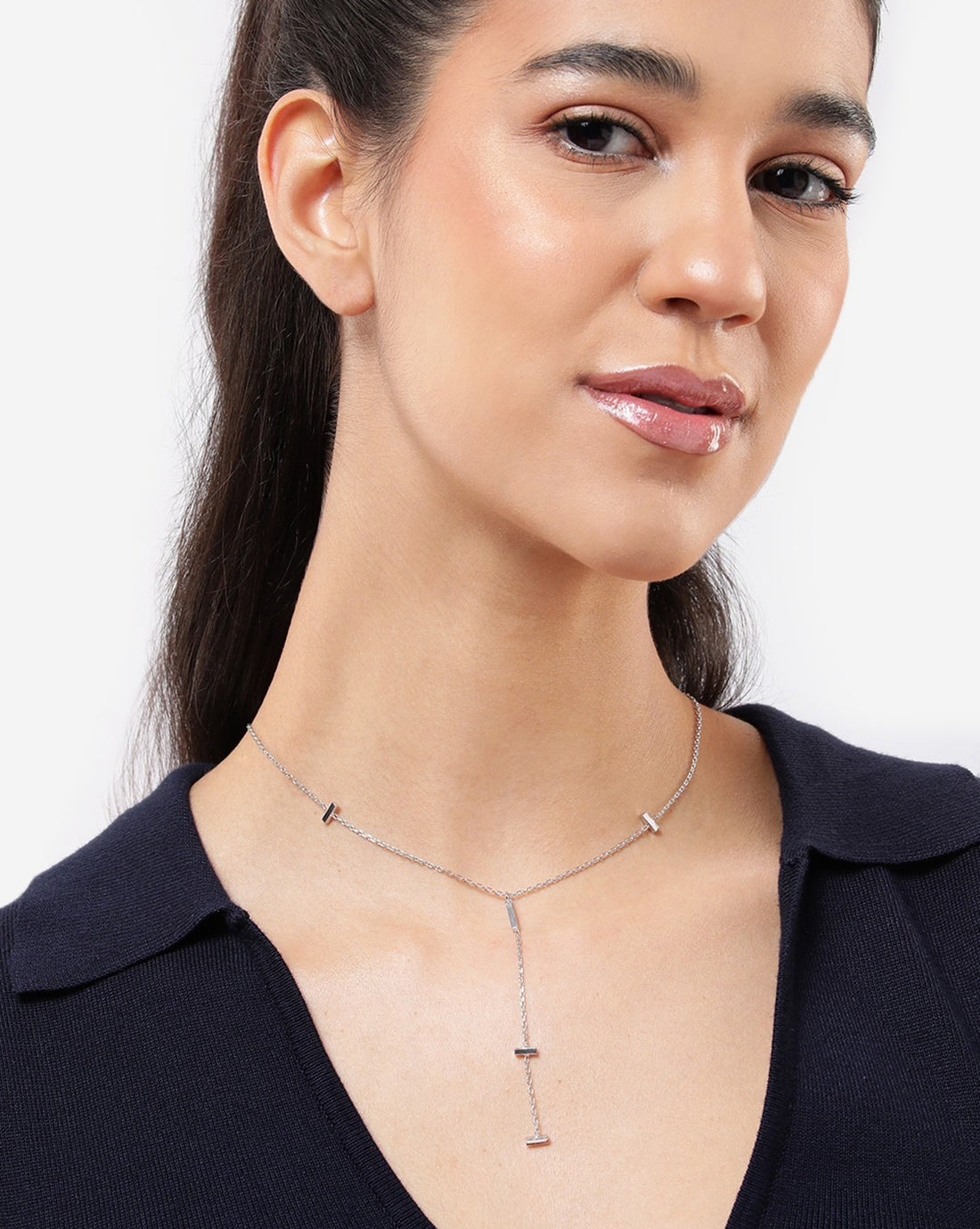 Rhodium Plated and Dangling Bar Lariat Necklace