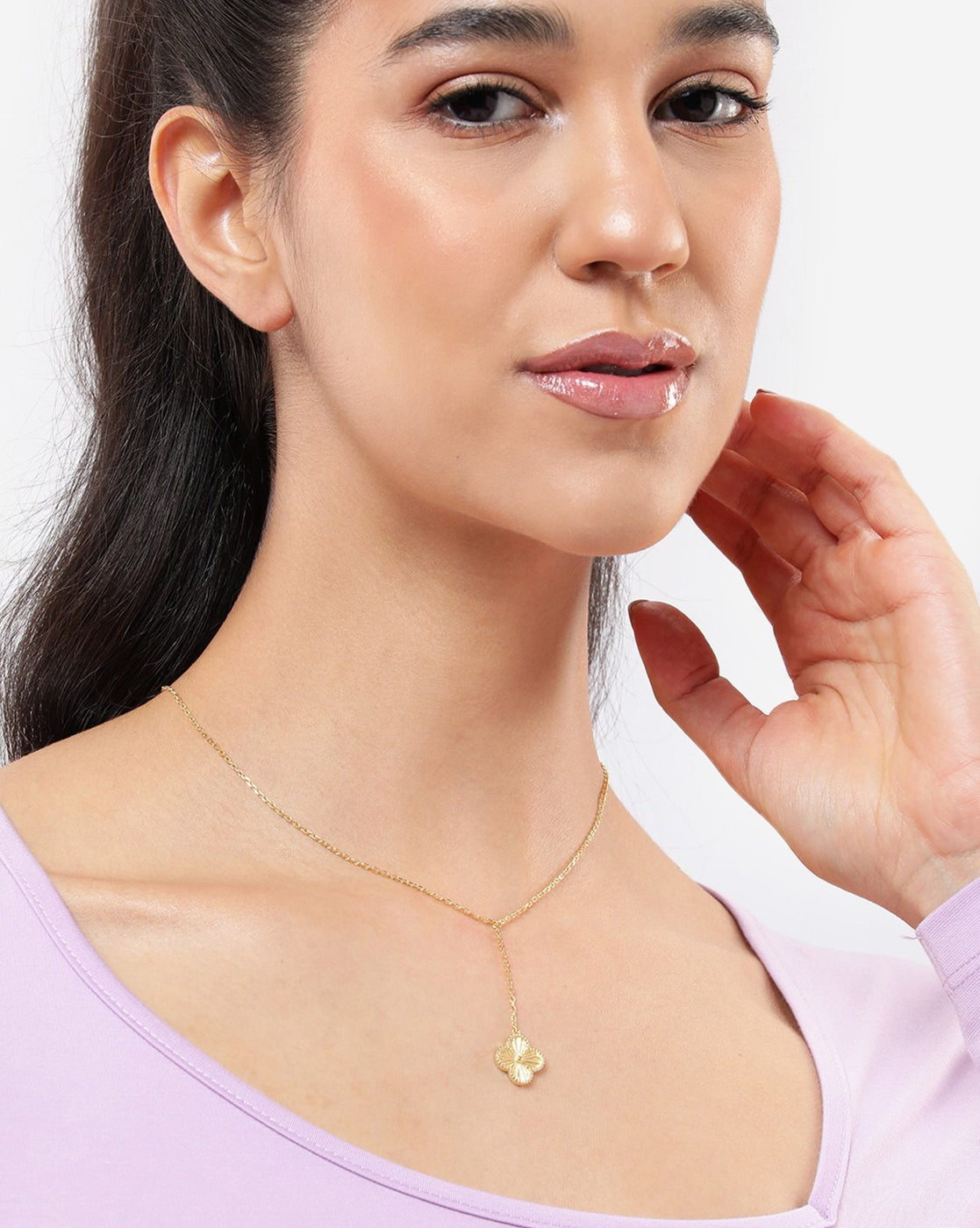 18kt Gold Plated Dangling Floral Lariat Necklace