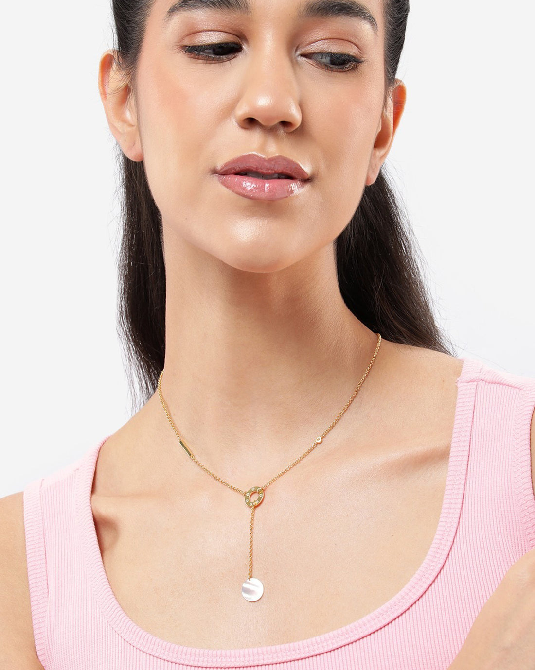 18kt Gold Plated CZ Dangling Shell Lariat Necklace