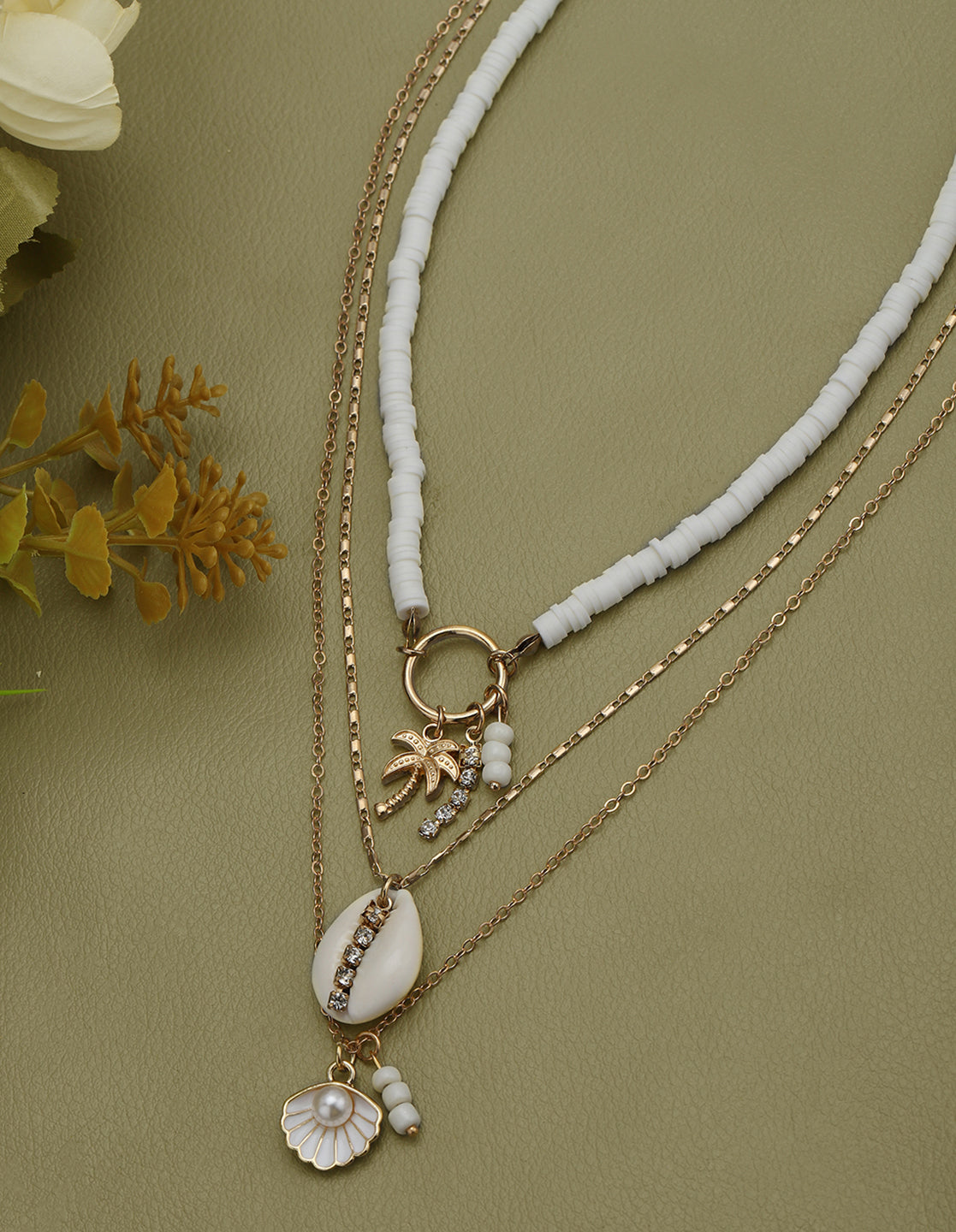 Set of 3 Rose Gold Plated Puka Shell Palm Tree Multi Pack Necklace