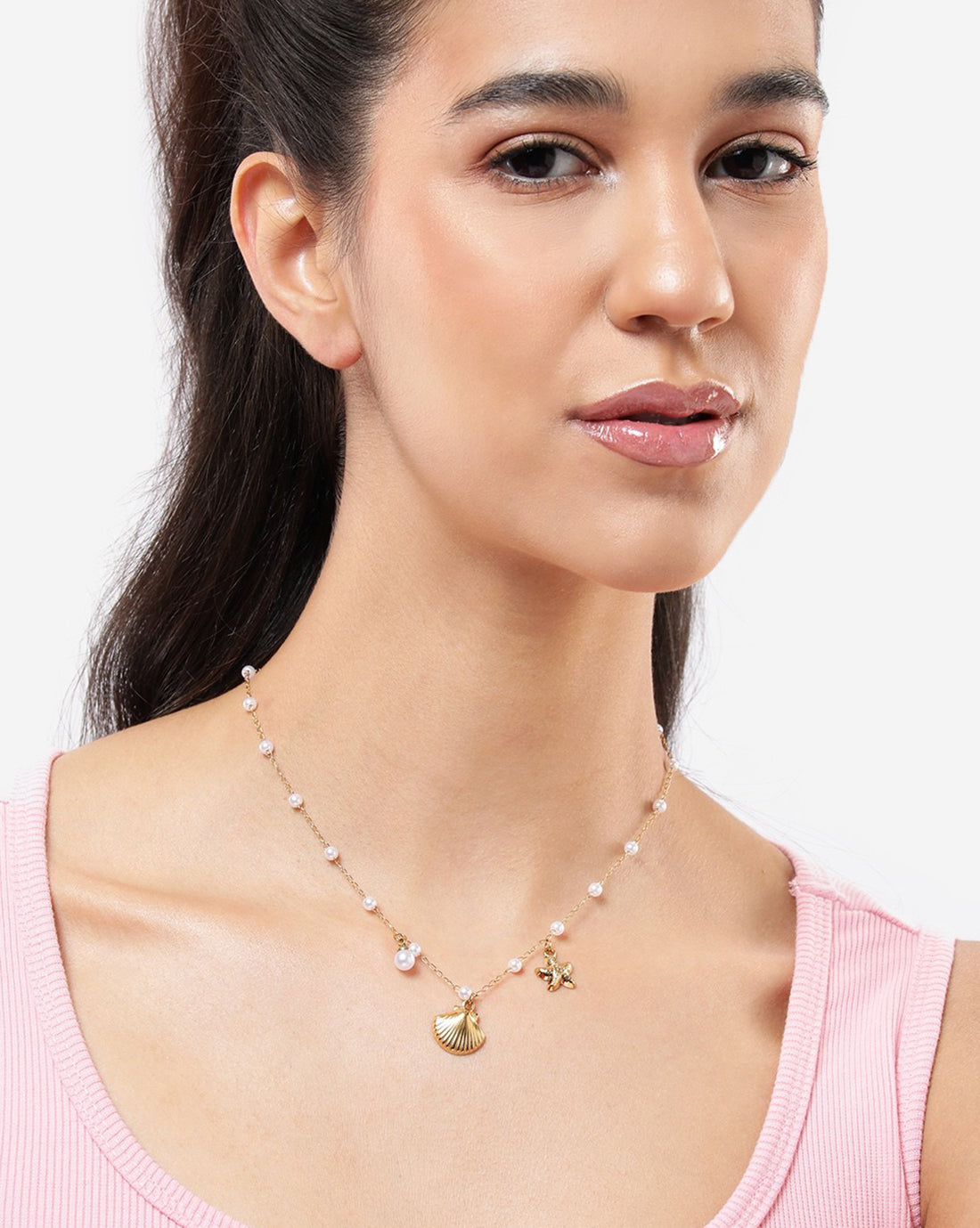 Gold Plated White Pearl Shell and Starfish Necklace