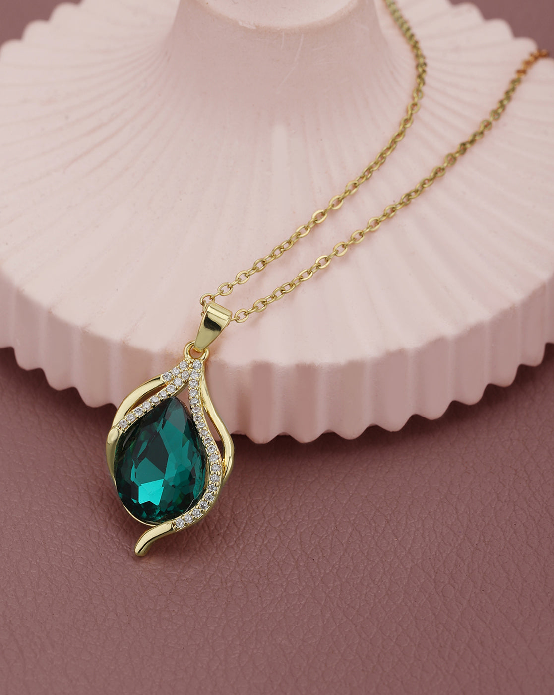 Gold Plated CZ Emerald Crystal Teardrop Pendant and Chain