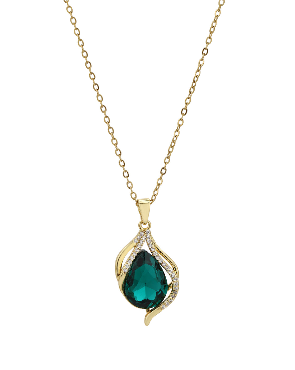 Gold Plated CZ Emerald Crystal Teardrop Pendant and Chain