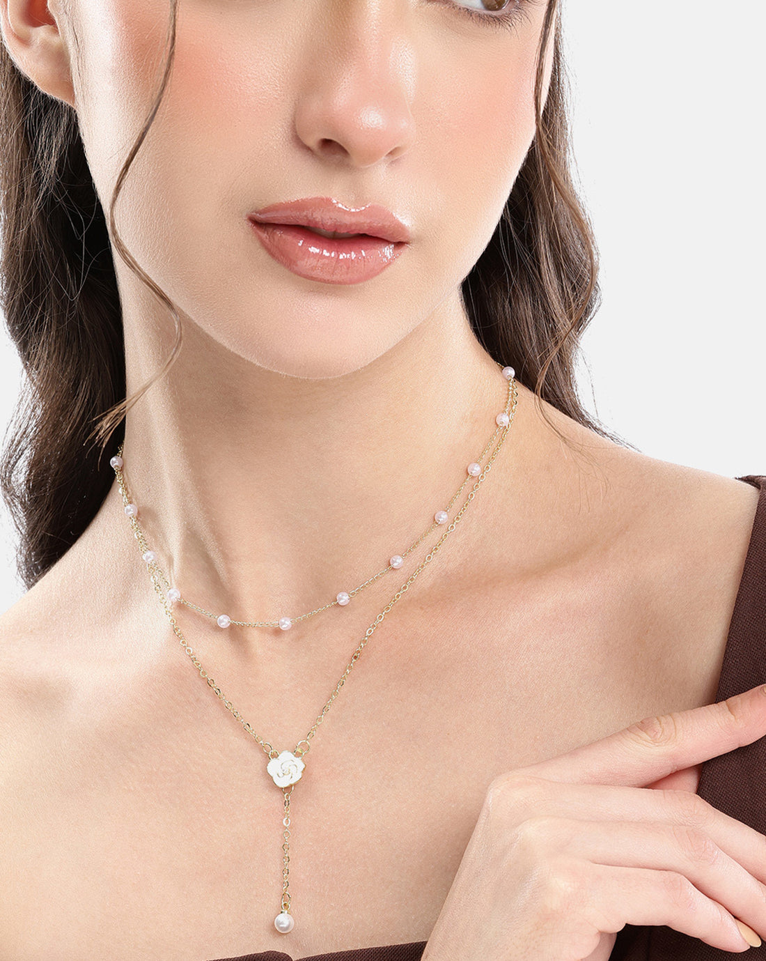 Gold Plated Pearl and Floral Lariat Layered Necklace