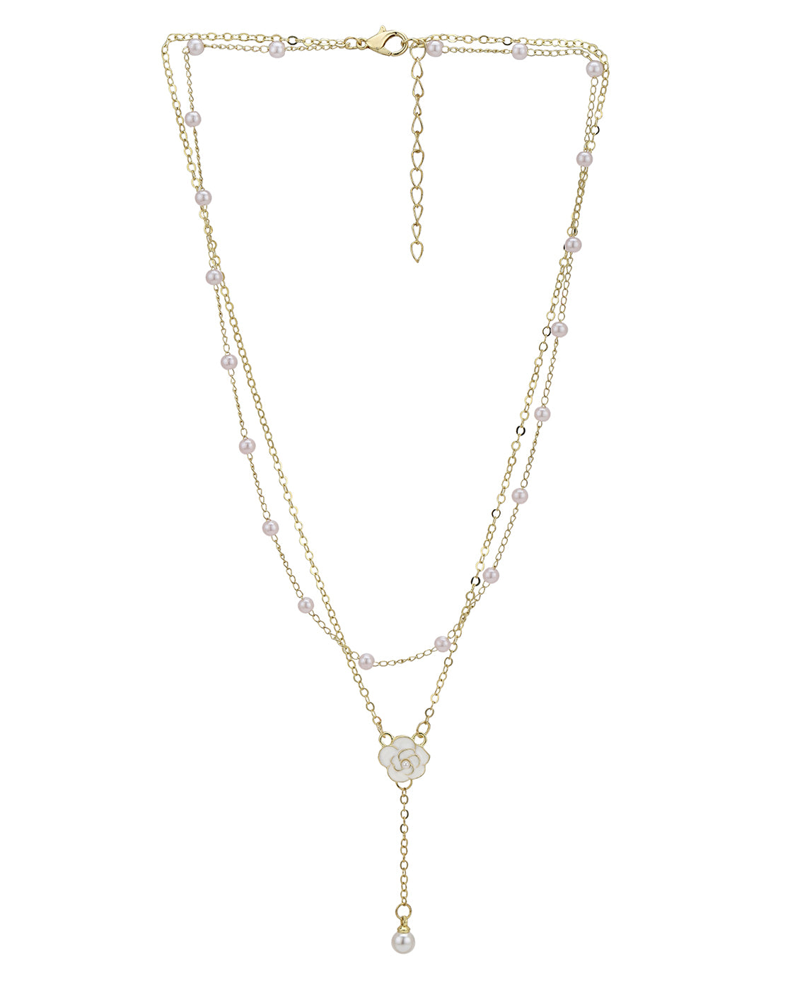Gold Plated Pearl and Floral Lariat Layered Necklace