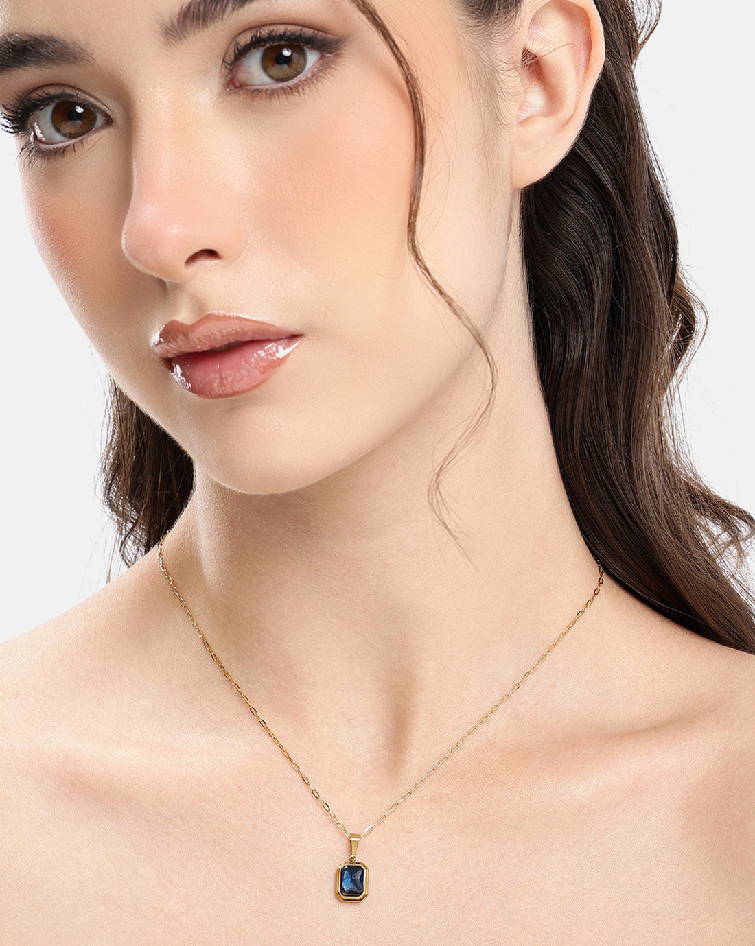 Gold Plated Everyday Blue Crystal Square Pendant and Chain