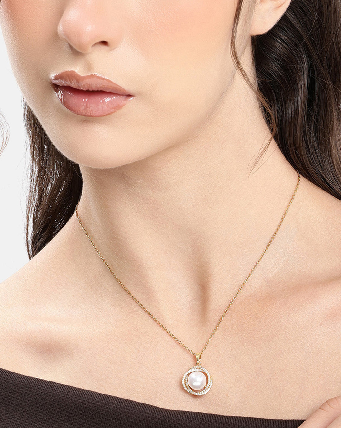 Gold Plated CZ White Pearl Contemporary Pendant and Chain