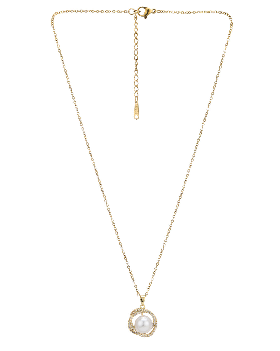 Gold Plated CZ White Pearl Contemporary Pendant and Chain