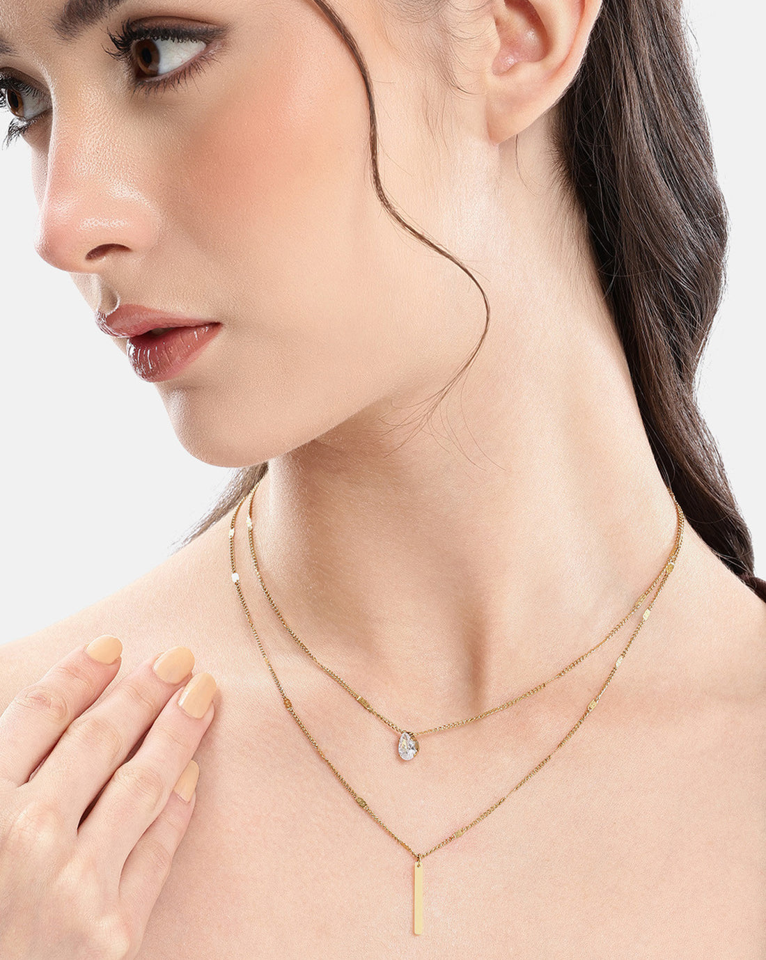 Gold Plated CZ and Bar Layered Necklace