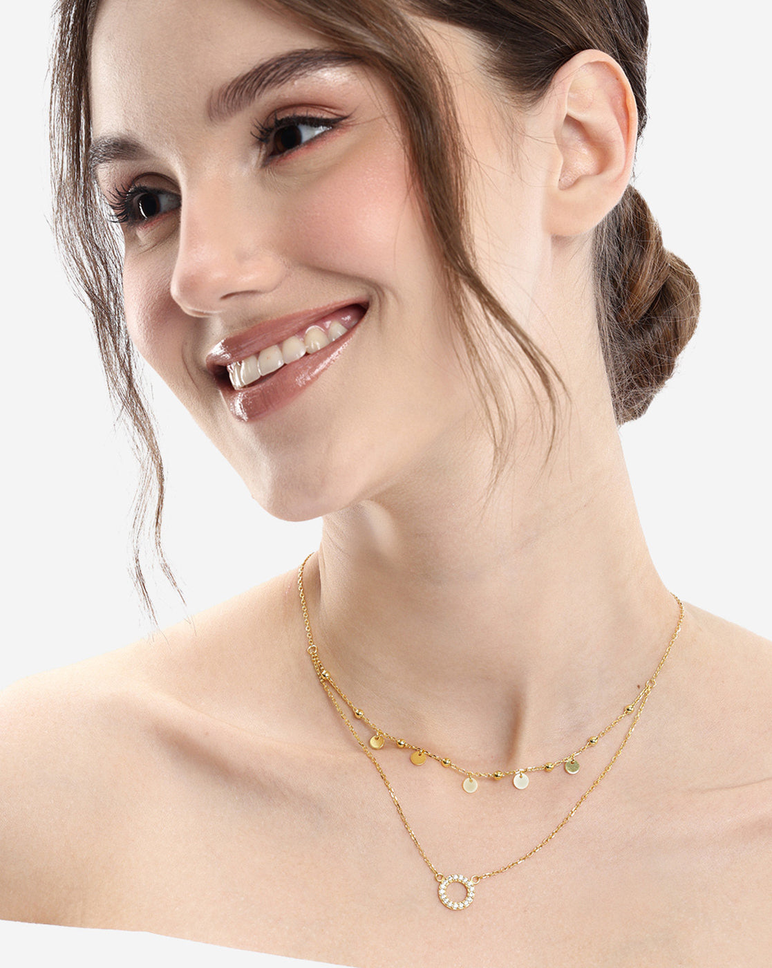 18kt Gold Plated CZ Circular Pendant Layered Necklace