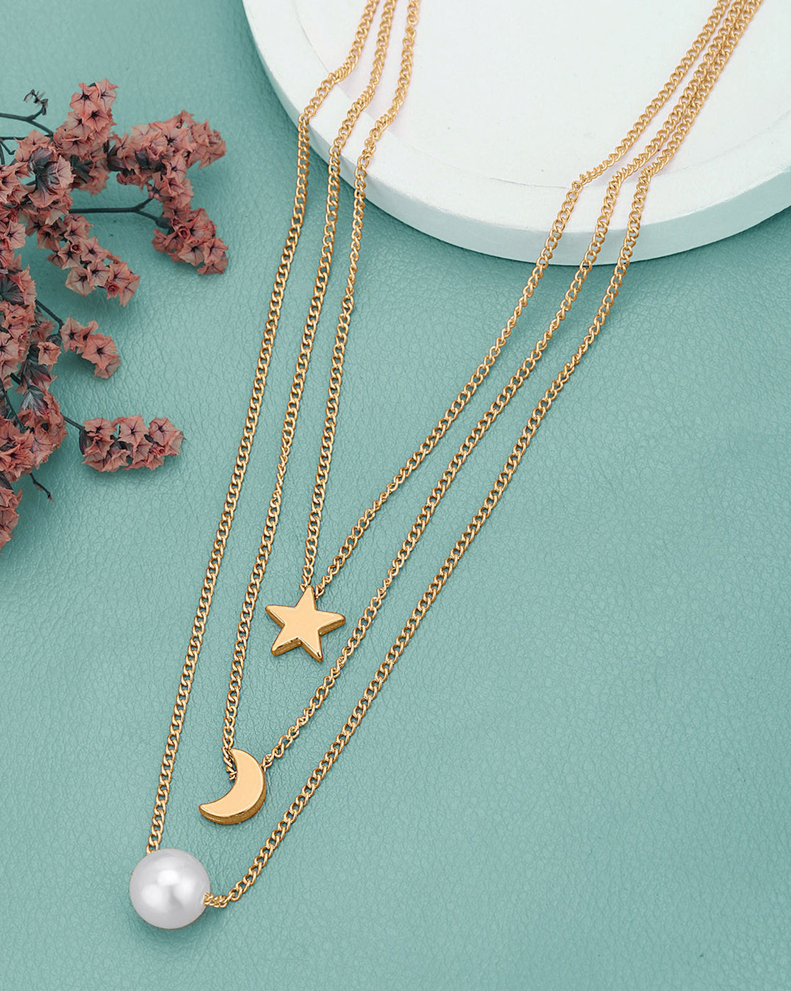 Rose Gold Plated Star Moon & Pearl Pendant Multi Layered Necklace