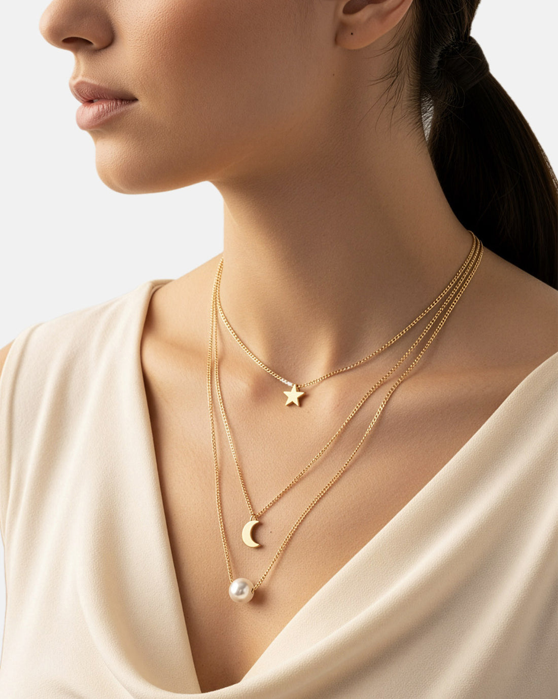 Rose Gold Plated Star Moon & Pearl Pendant Multi Layered Necklace