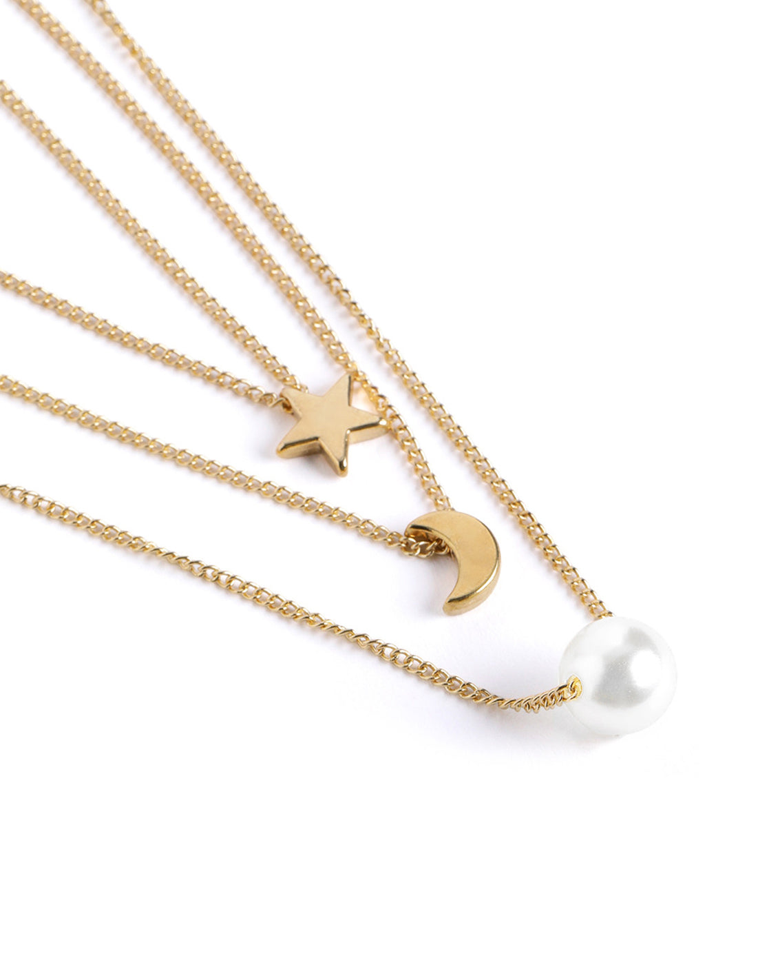 Rose Gold Plated Star Moon & Pearl Pendant Multi Layered Necklace