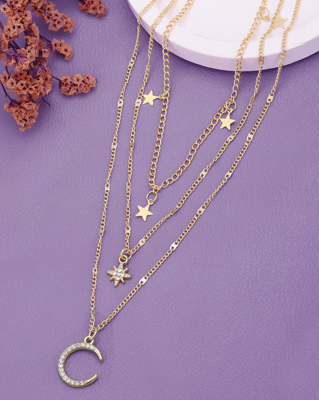 Rose Gold Plated CZ Moon and Star Pendant Multi Layered Necklace