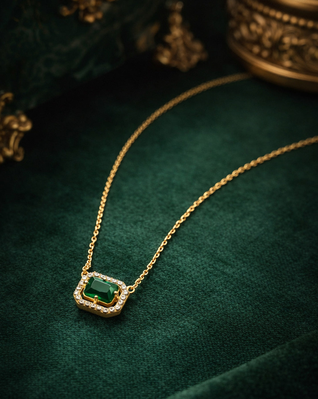 18kt Gold Plated CZ Green Stone Pendant and Chain Necklace