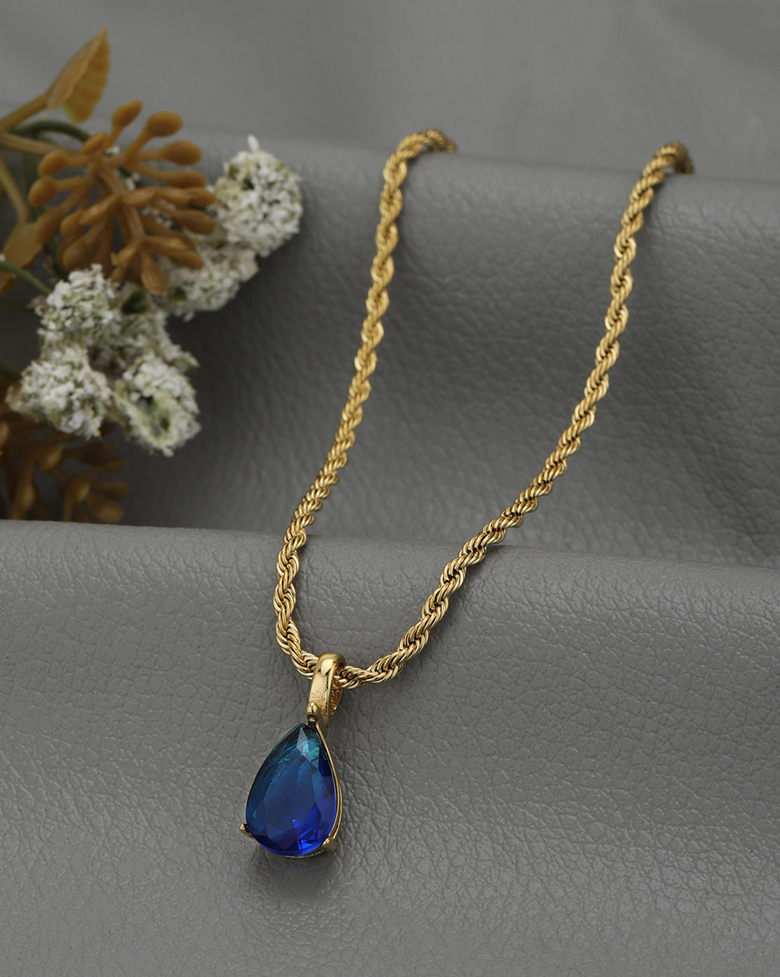 18kt Gold Plated Blue Teardrop Pendant with Chain