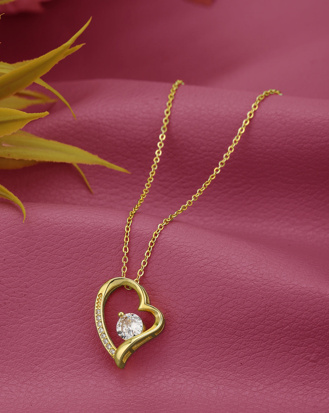 Gold Plated CZ Solitaite Heart Pendant and Chain