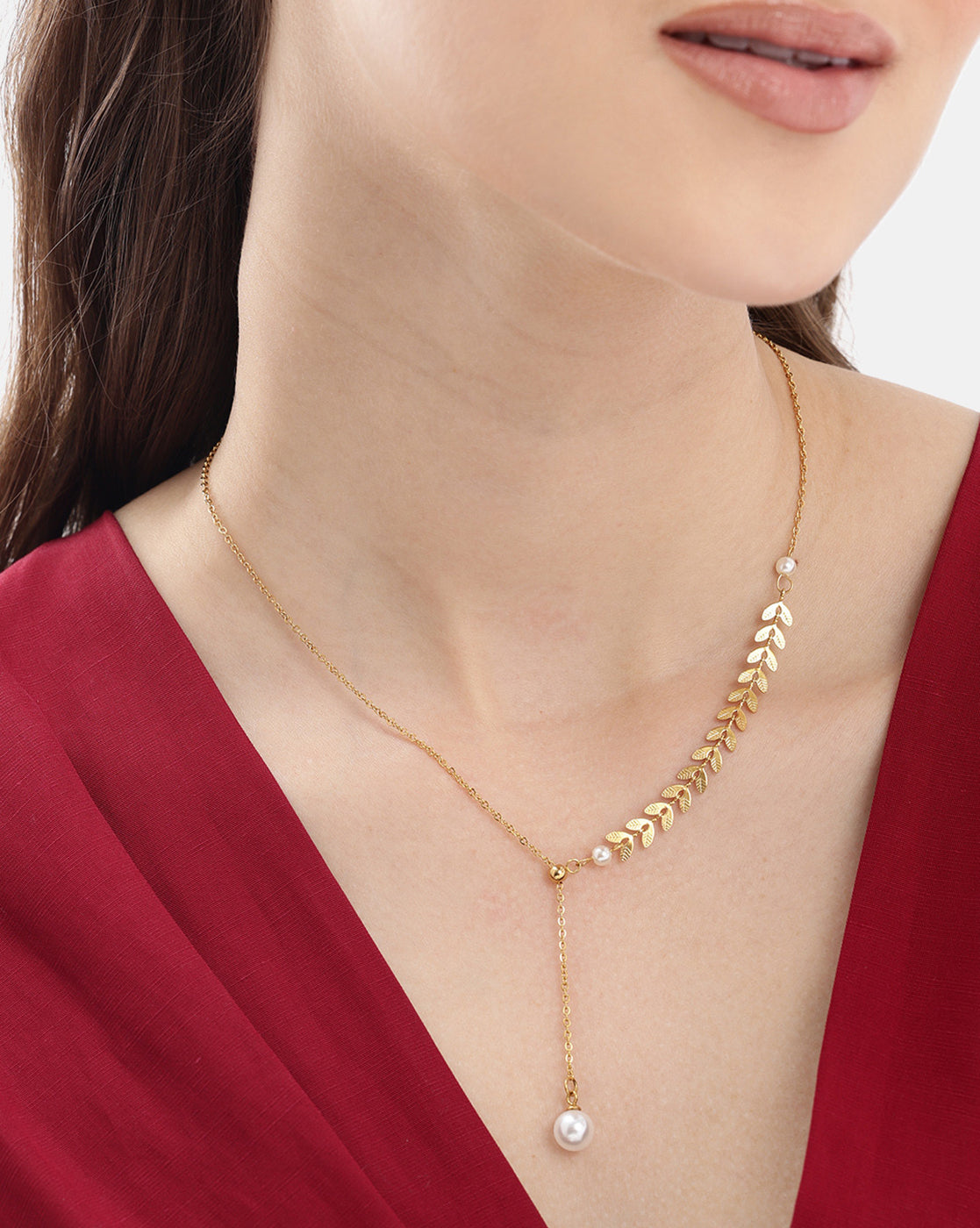 Gold Plated Dangling Pearl Leaf Necklace