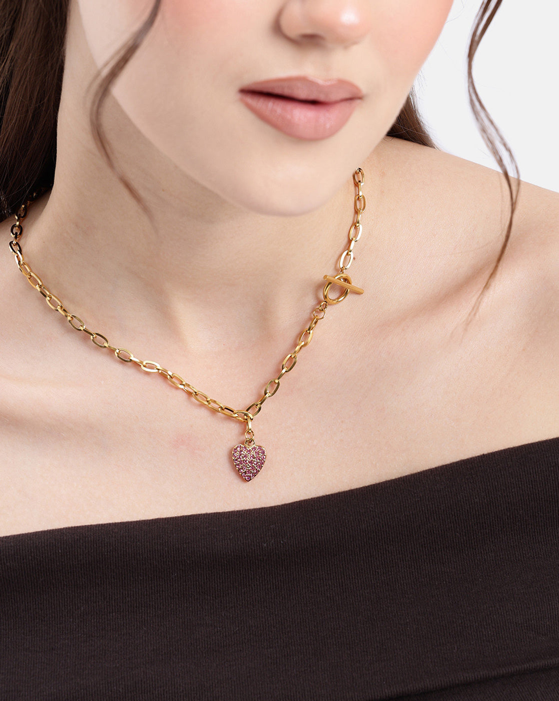 18kt Gold Plated CZ Heart Pendant with Toggle Necklace