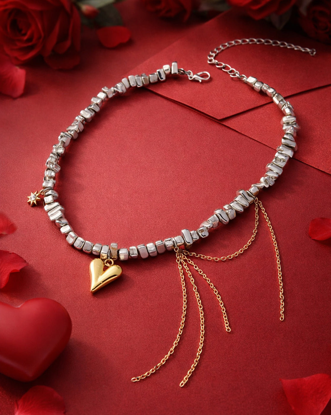 Silver-Plated Heart Charm Statement Choker Necklace