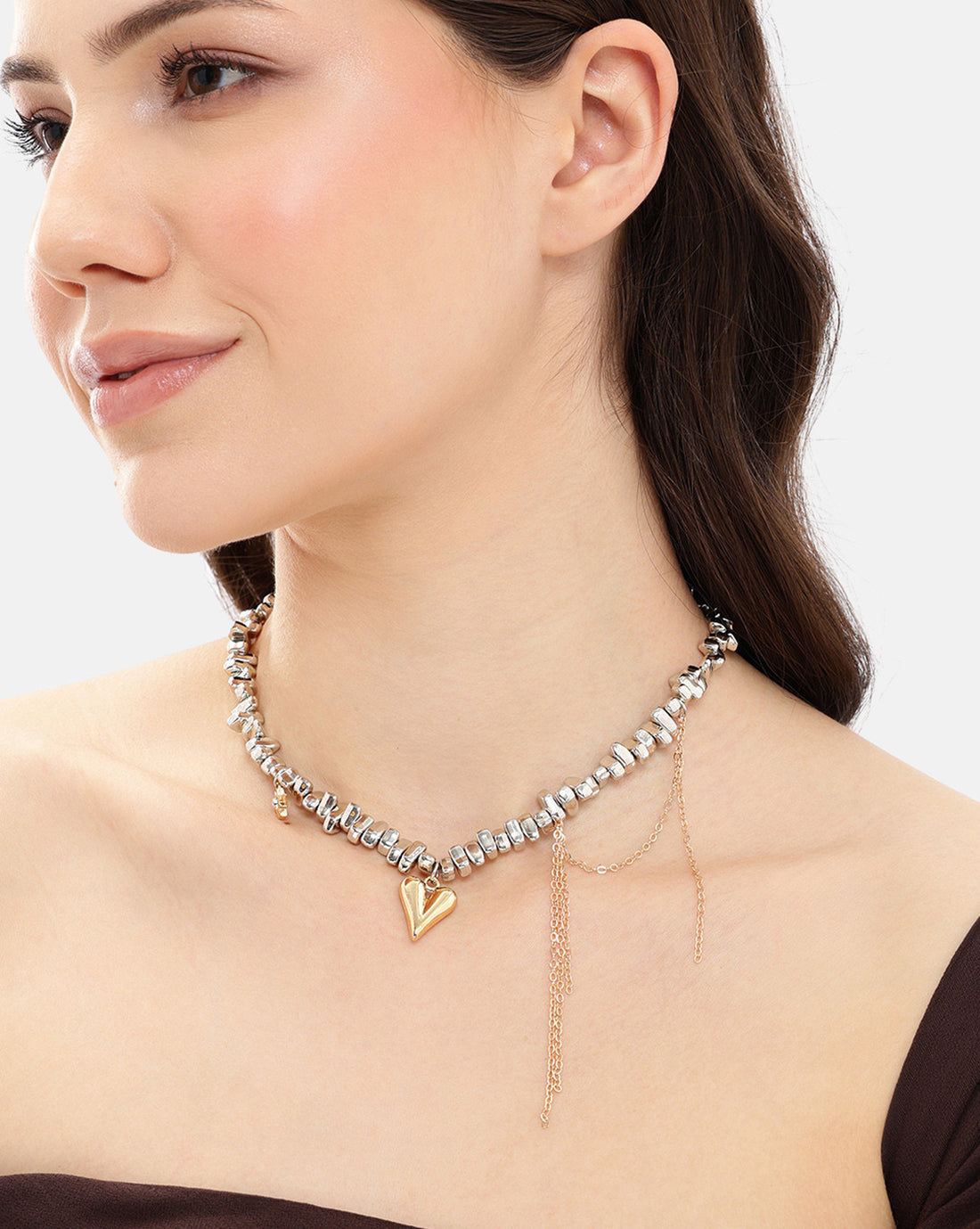 Silver-Plated Heart Charm Statement Choker Necklace