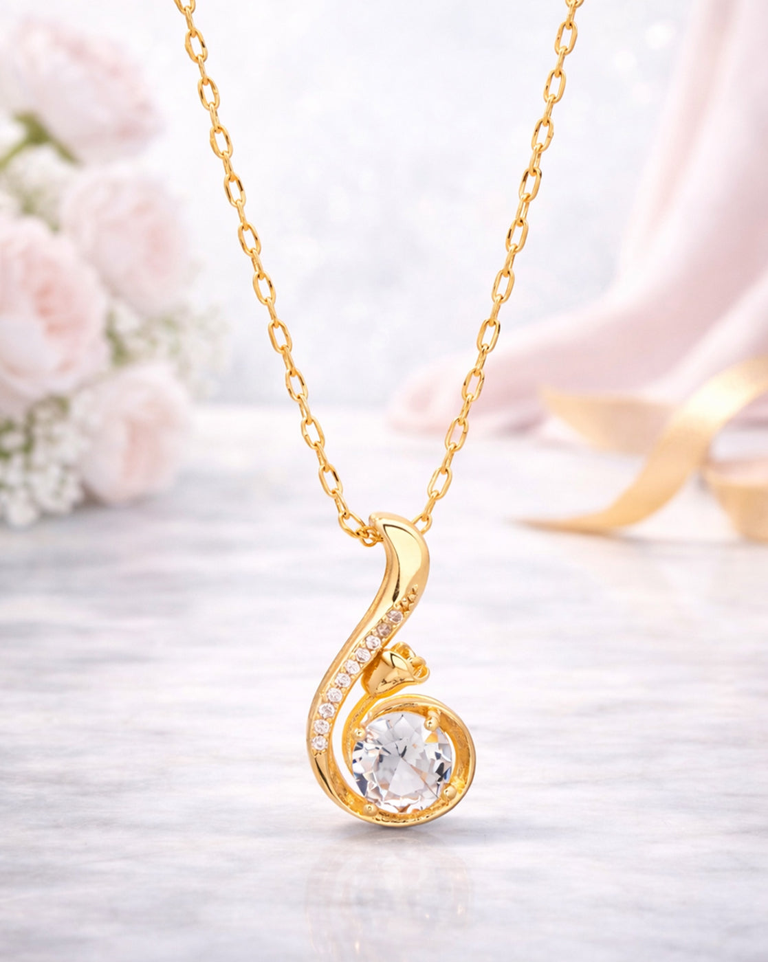 Gold Plated CZ Solitaire Pendant and Chain