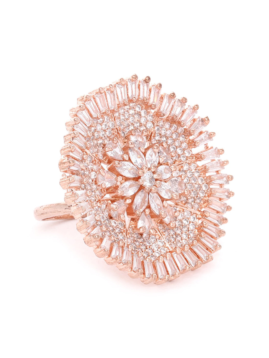 Carlton London Rose Gold Plated Cz Studded Floral Shape Finger Ring For Women
