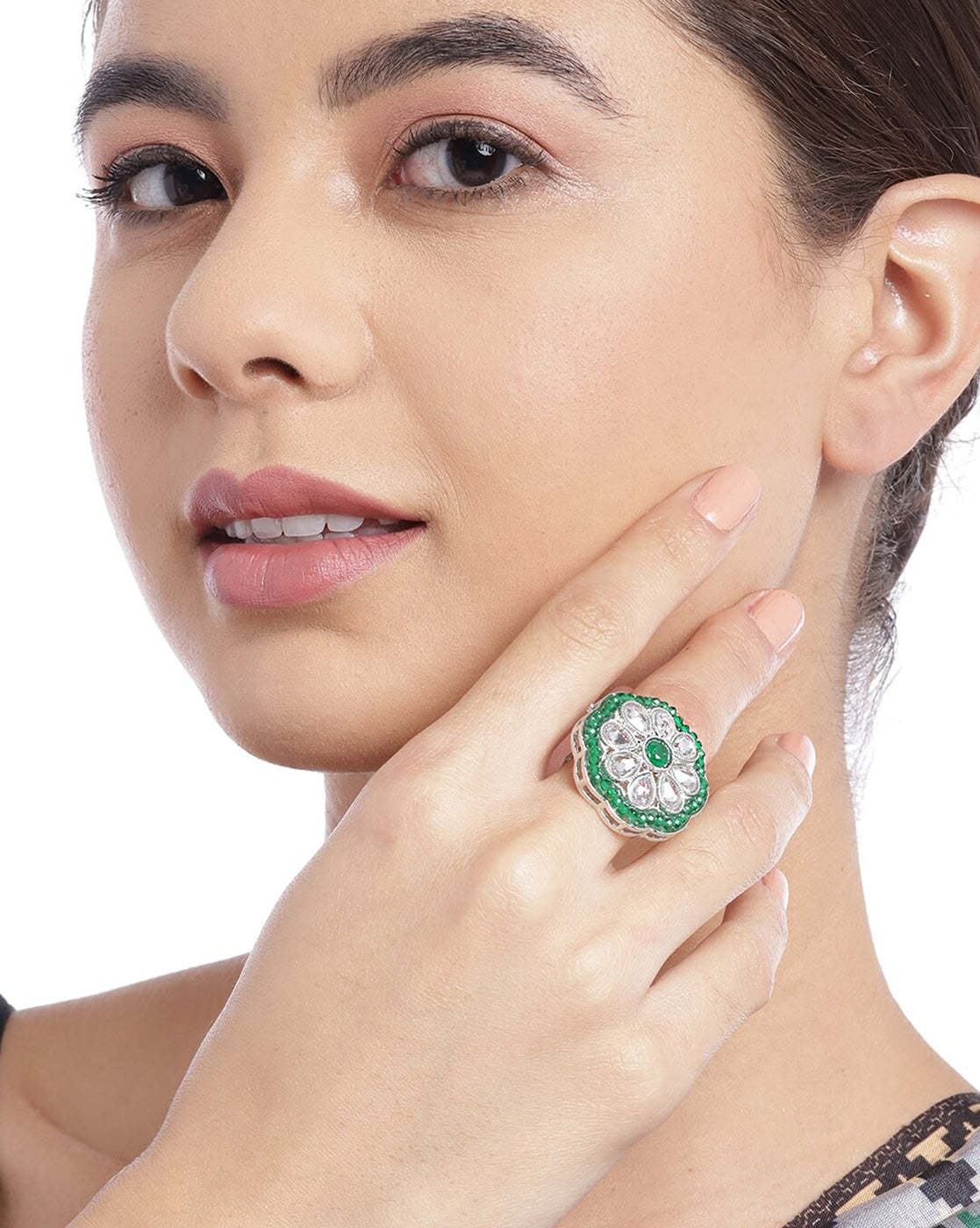 Silver Plated Kundan Adjustable Ring For Women