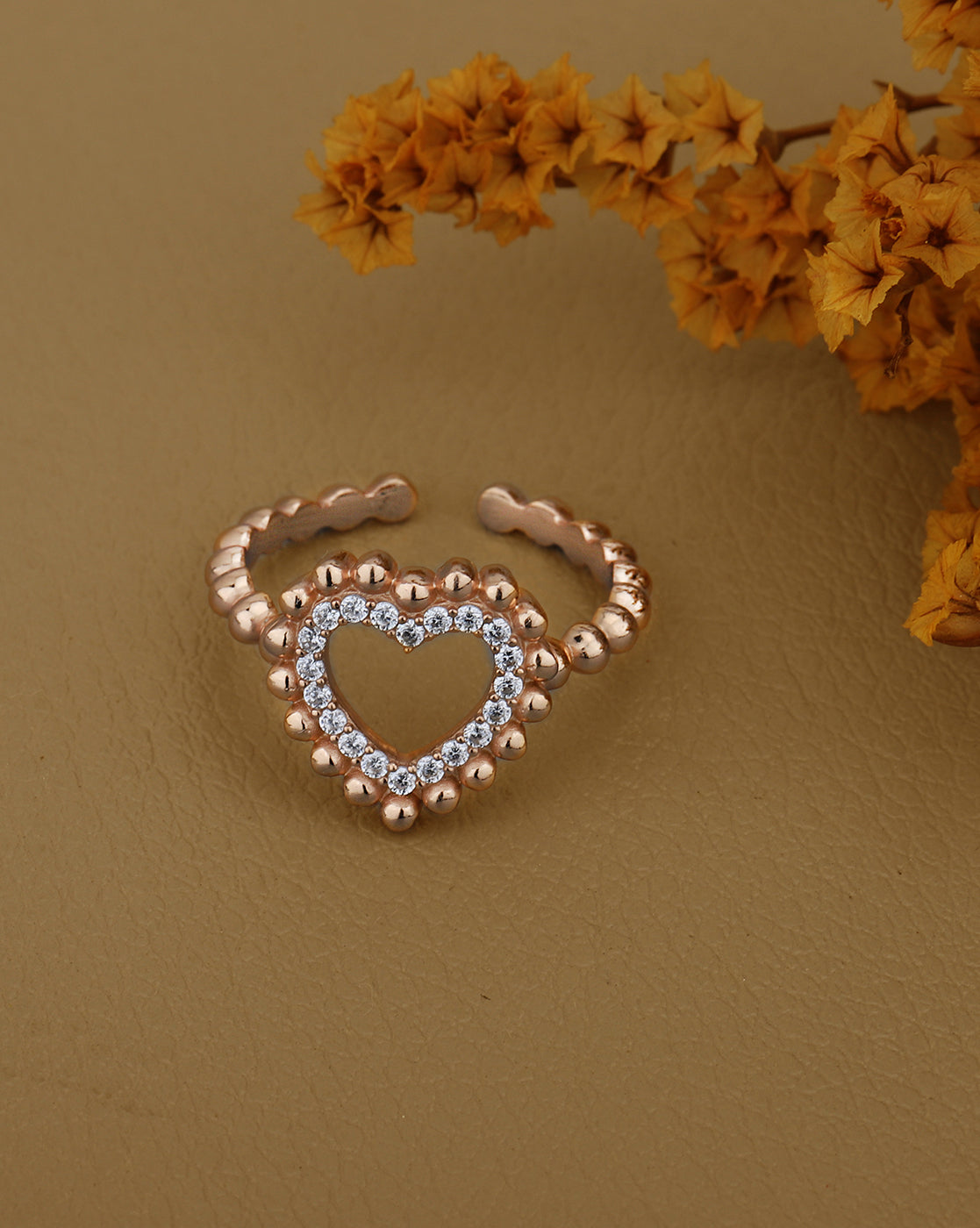 18kt Rose Gold Plated with CZ Heart Adjustable Finger Ring