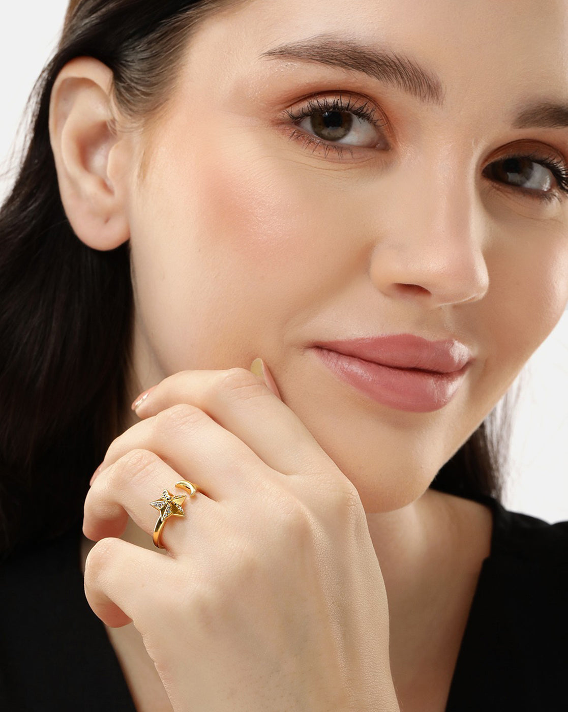 18kt Gold Plated with CZ Moon and Star Adjustable Finger Ring