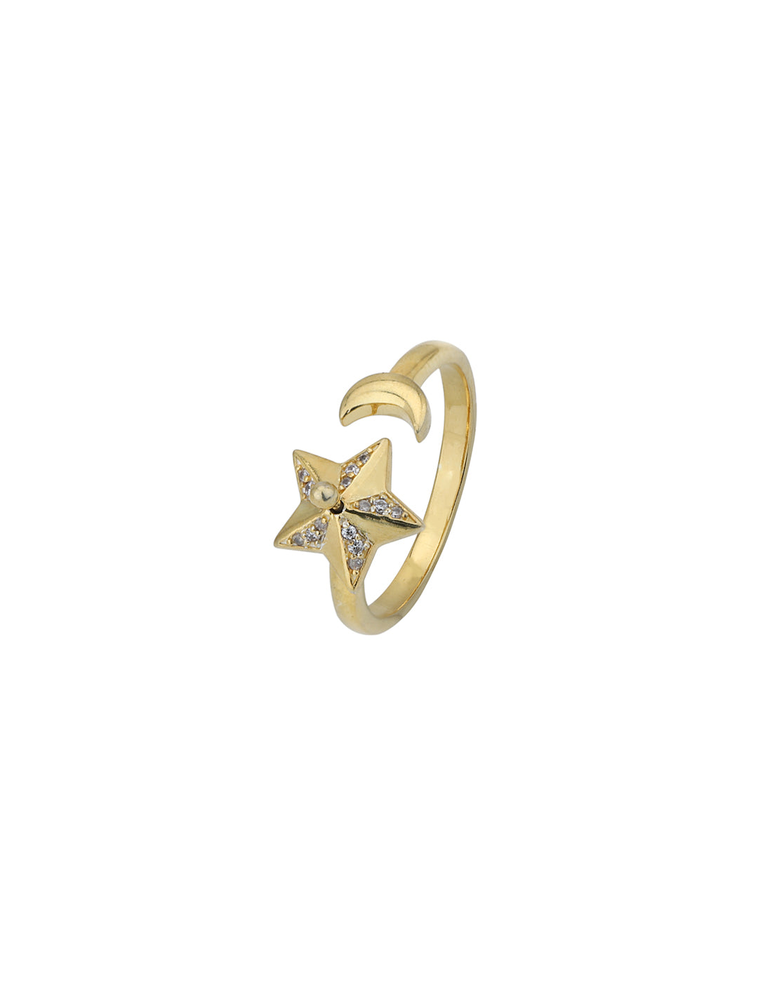 18kt Gold Plated with CZ Moon and Star Adjustable Finger Ring