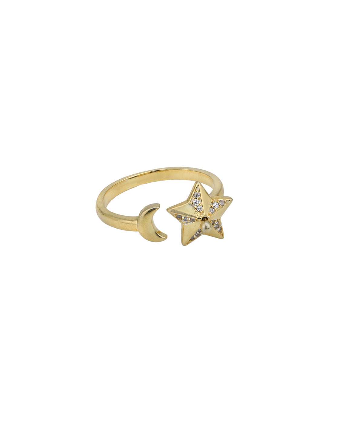 18kt Gold Plated with CZ Moon and Star Adjustable Finger Ring