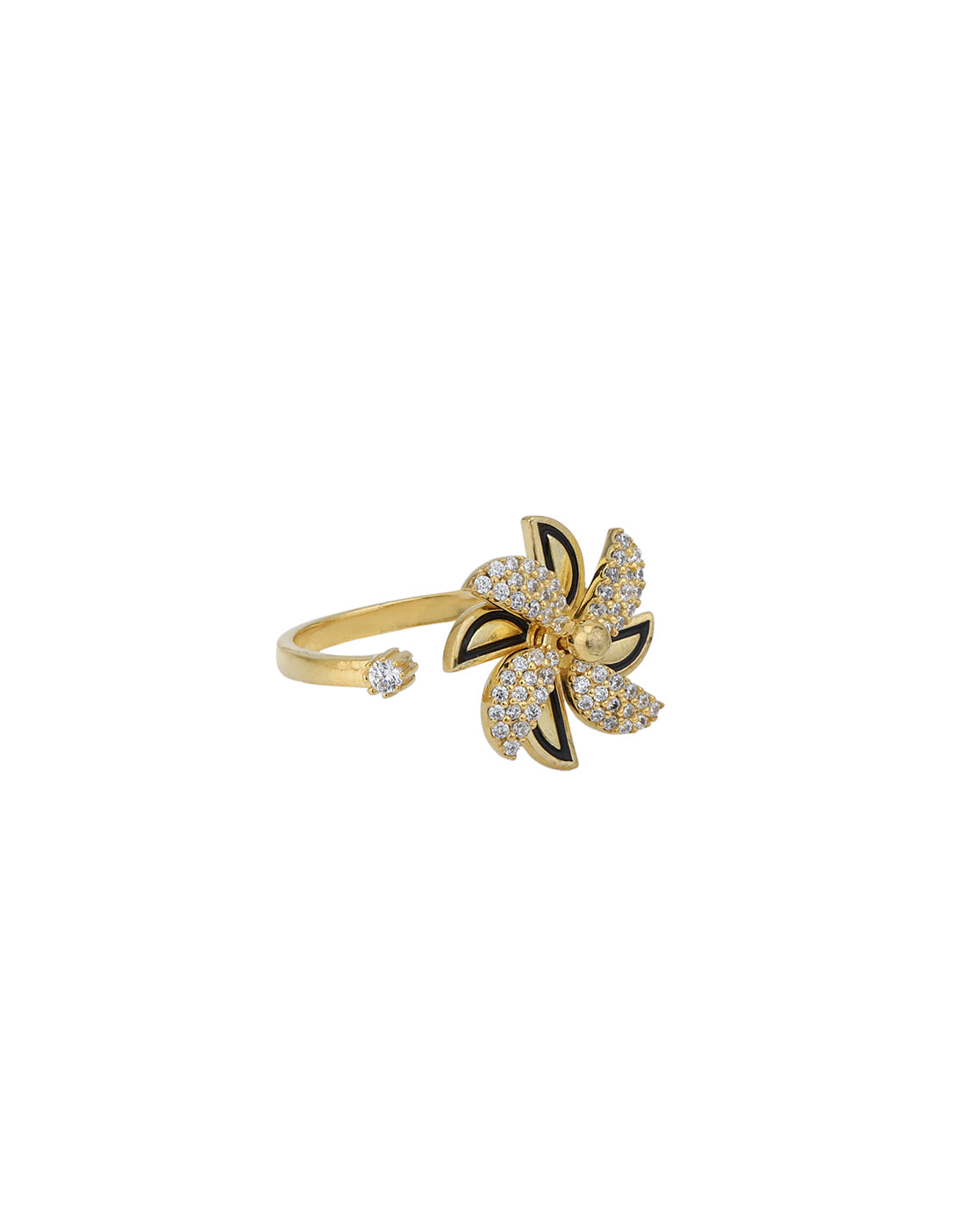 18kt Gold Plated & CZ Floral with Enamel Adjustable Finger Ring