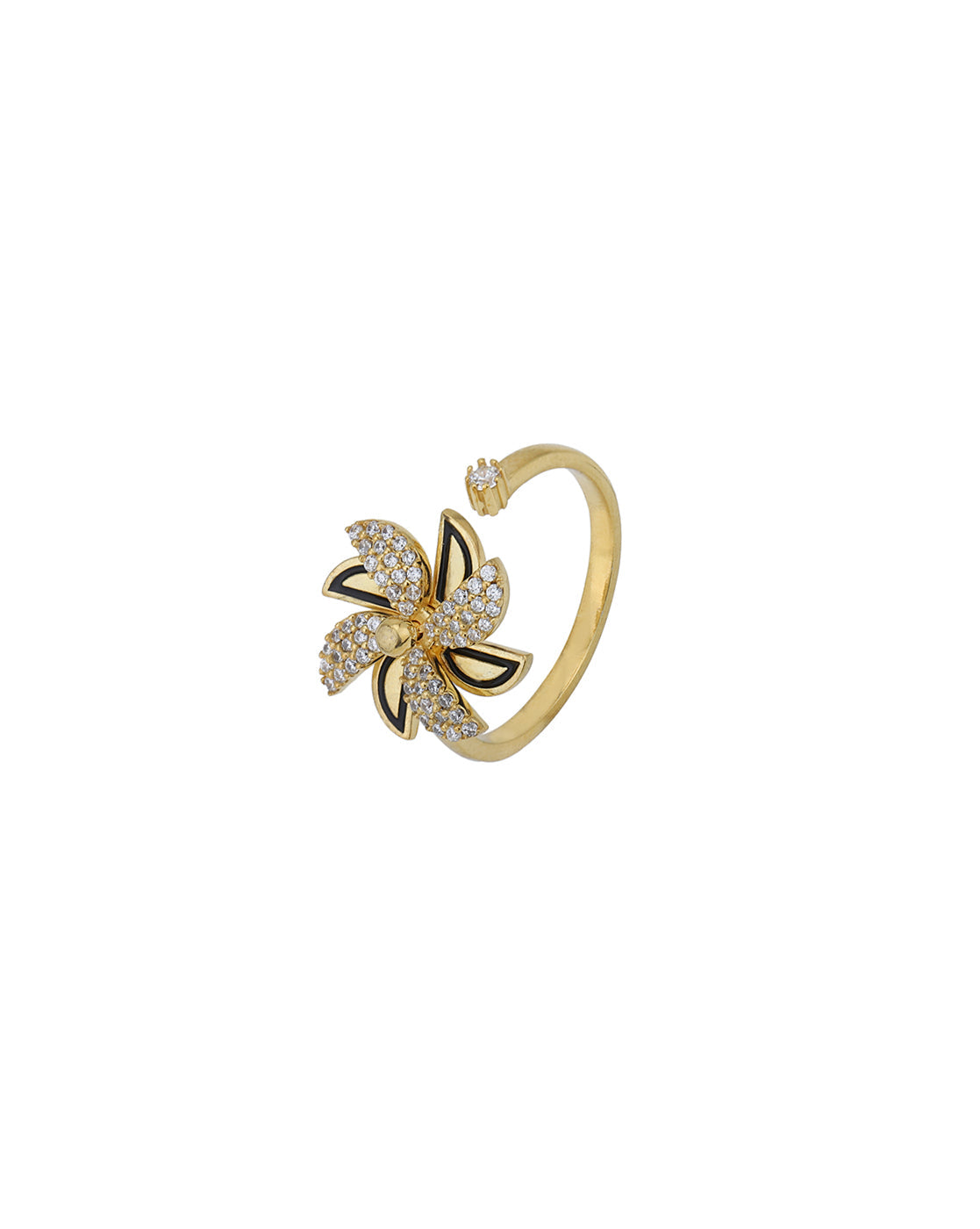 18kt Gold Plated & CZ Floral with Enamel Adjustable Finger Ring