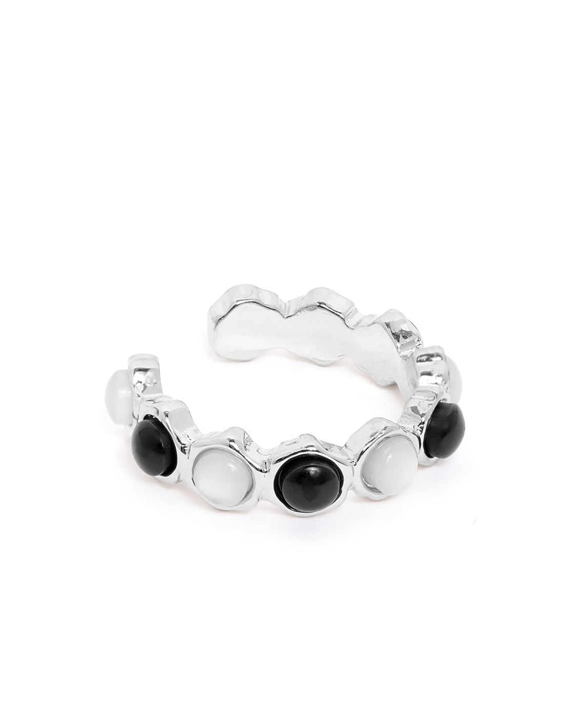 Silver Plated White and Black Fancy Bead Adjustable Band Ring